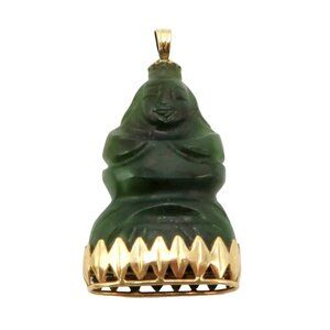 Vintage 14K Yellow Gold Carved Green Jade Buddha Pendant
